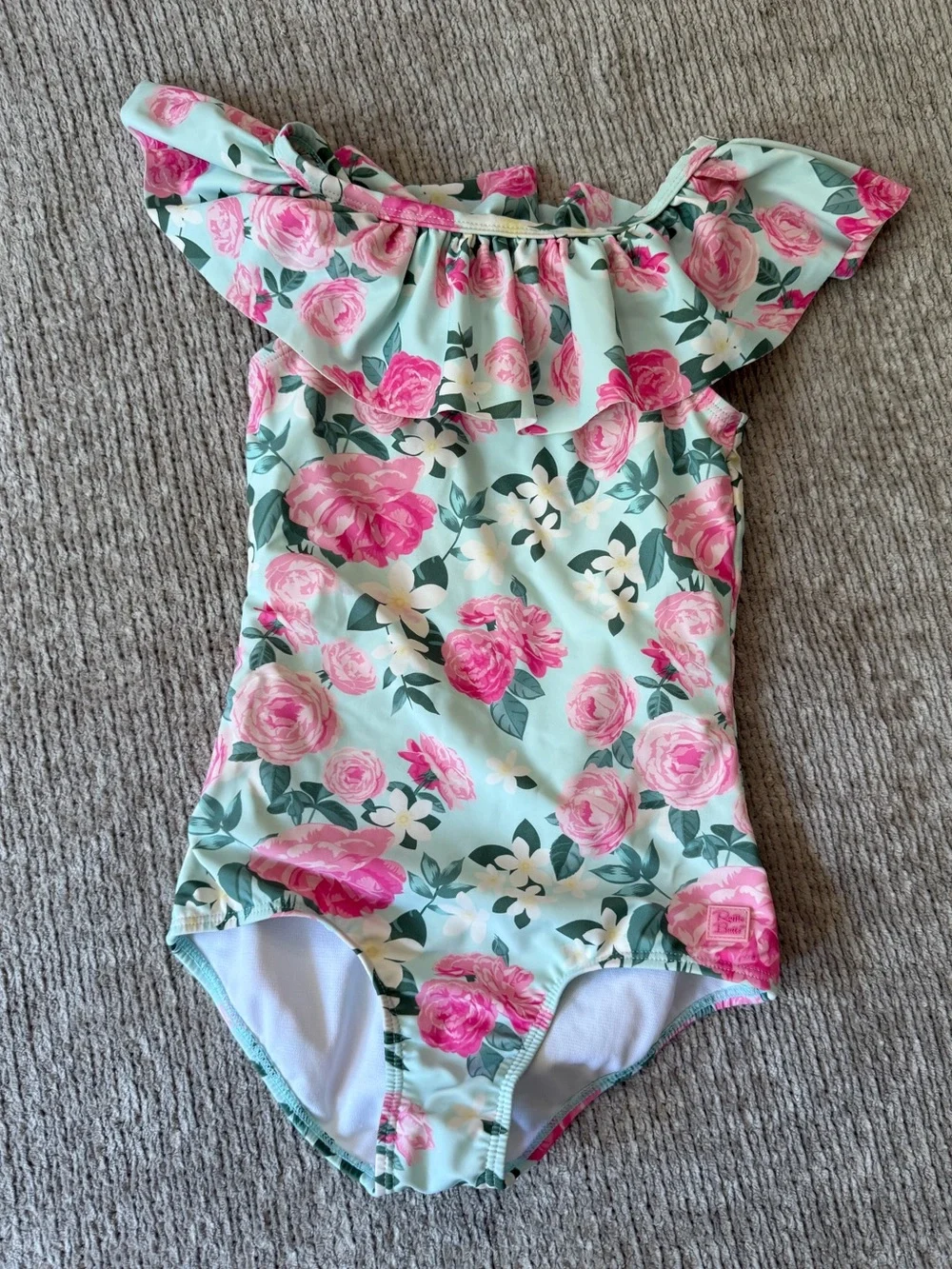 RuffleButts Girls Size 8 Mint Pink Floral Ruffle One Piece Swimsuit